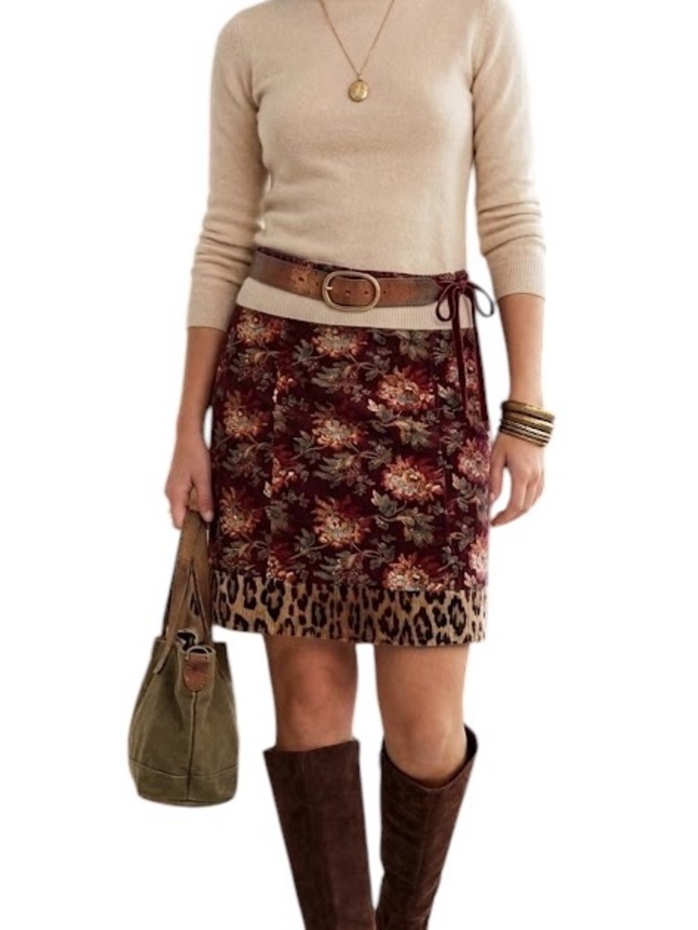 Mixed Media Corduroy Brocade & Animal Print Skirt